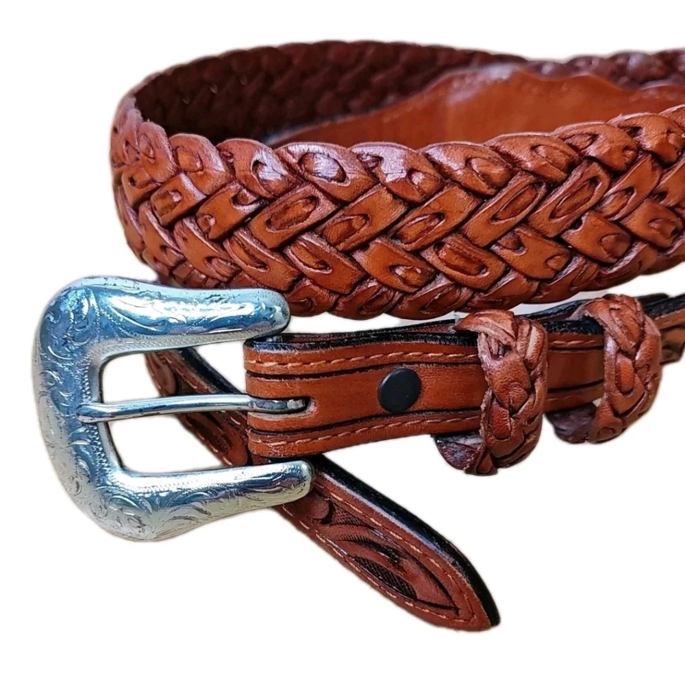 Vtg Nocona Hand Crafted Braided Brown Leather Belt Sz 34 Western Etched Buckle